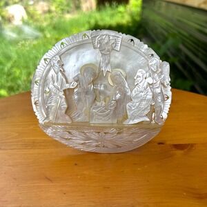 Vintage Mother of Pearl Shell Nativity Scene Hand Carved Religious Plaque White